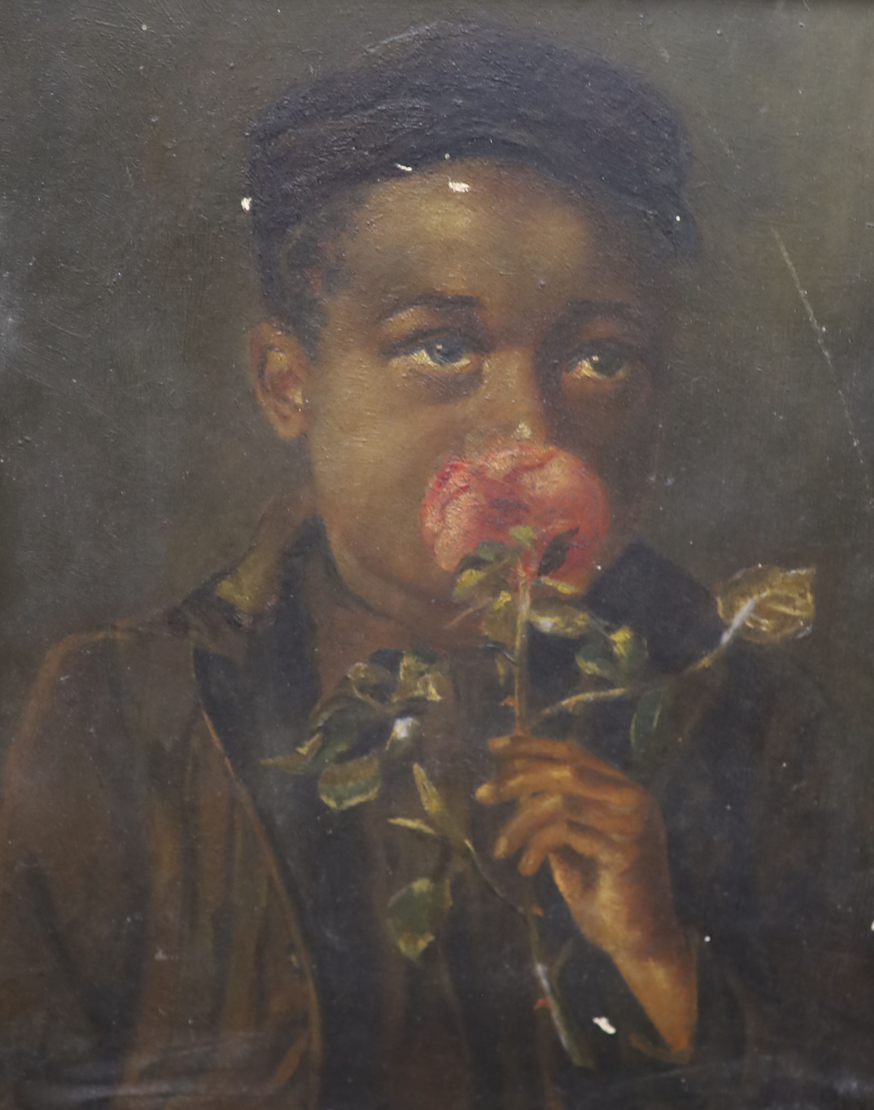 20th century, oil on board, boy with rose, Continental